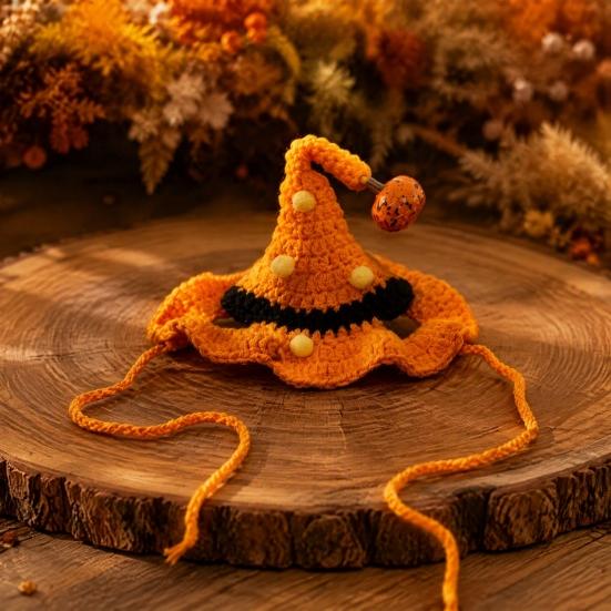 Clothing Halloween Pet Costume for Cats Small Dogs, Handmade Crochet Witch Hat Bib Puppy Party Accessories Collar, Adjustable Holiday Dog Cat