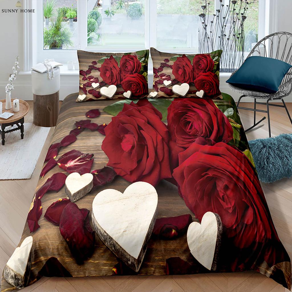 Valentine's Day Gift Romantic Retro Red Rose 3d Printed Quilt Cover Bedding Set Quilt Cover Pillowcase Three-Piece Set