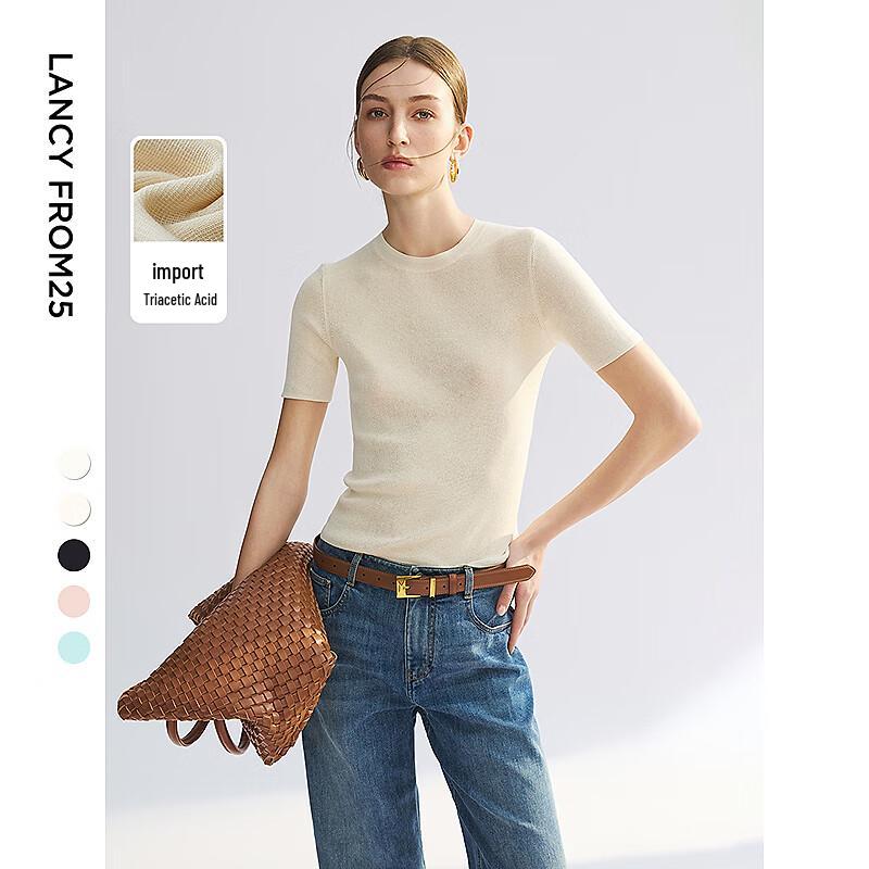 Langzi Triacetate Round Neck Knit Short Sleeve Top