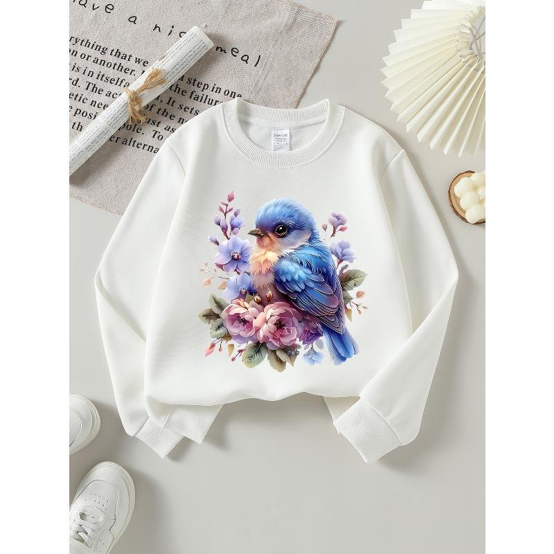 European sizes Blue Bird Floral Design Girls' Crew Neck Fashion Sweatshirt, Western Top, Children's Long Sleeved Casual Tee