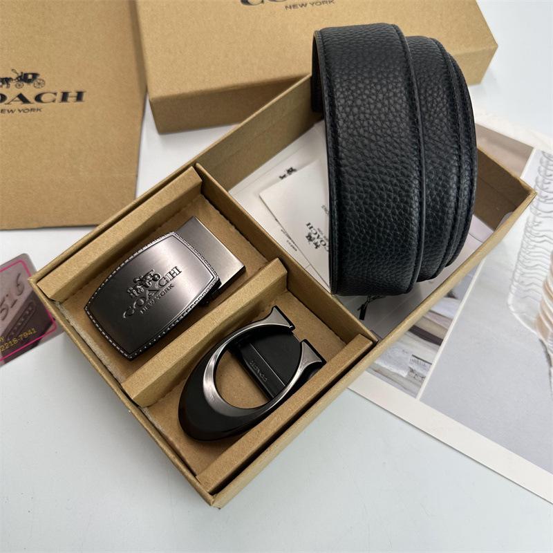 Men's Classic Double Buckle Leather Belt with C Buckle and Fabric Texture - Business Casual Trousers Accessory