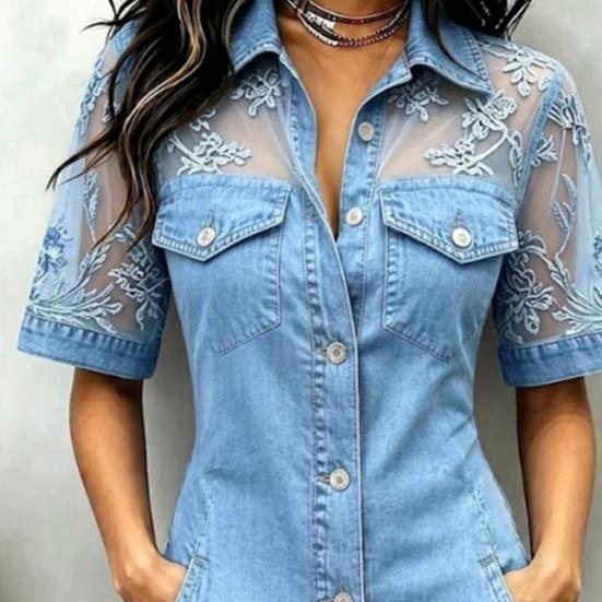 Damen Sexy Durchsichtiges Netz Patchwork Mini Jeanskleid, Kurzarm Knopfleiste Bodycon Kleid, Sexy Party Club Jeanskleid