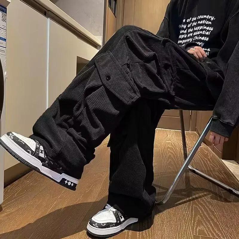 Safari Style Retro Solid Color Cargo Pants Men's Clothing Corduroy Autumn Winter Chic Pockets Spliced Wide Leg Casual Trousers