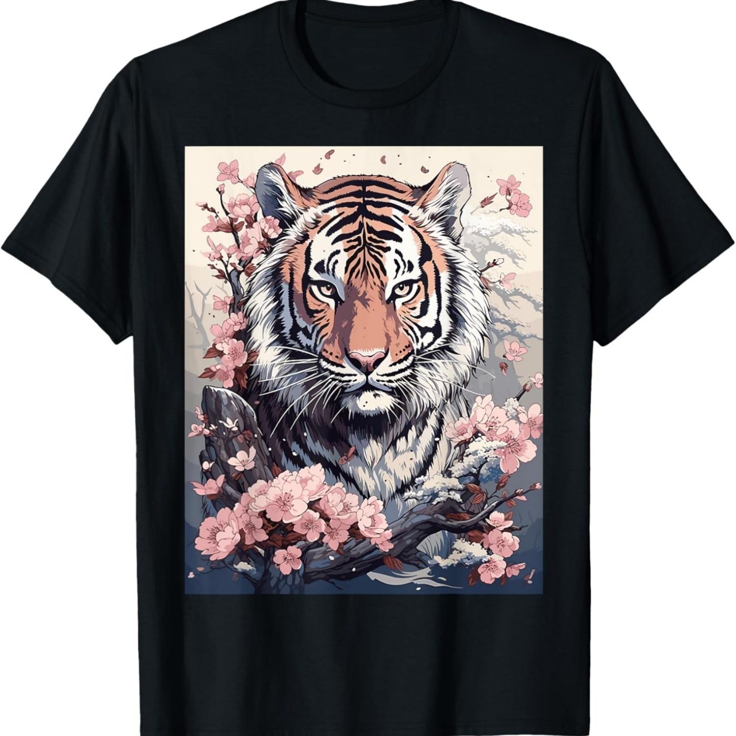 Tiger T Shirts For Women Vintage  Cherry Blossom T-Shirt(4) S чёрный