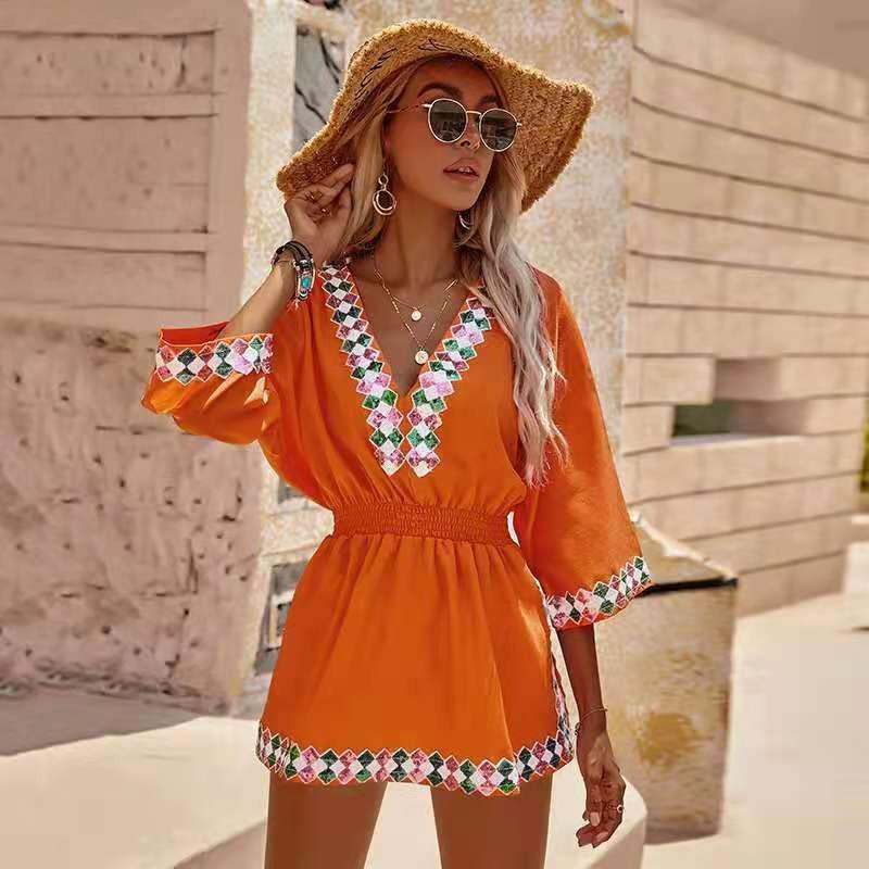 Boho Yaz Plaj Yarasa Kollu Gömlek Güneş Korumalı Kadın Elbisesi