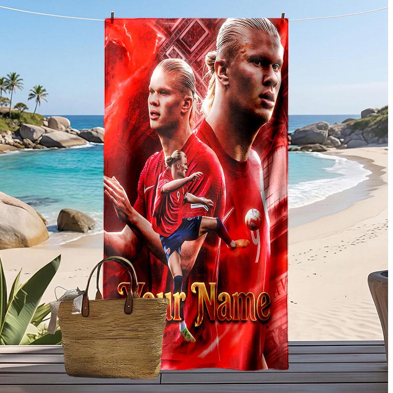Erling Haaland Personalized Printed Beach Towel Soccer Logo Support Custom Name Text Absorbent Towel For Sport Travel Special Gift