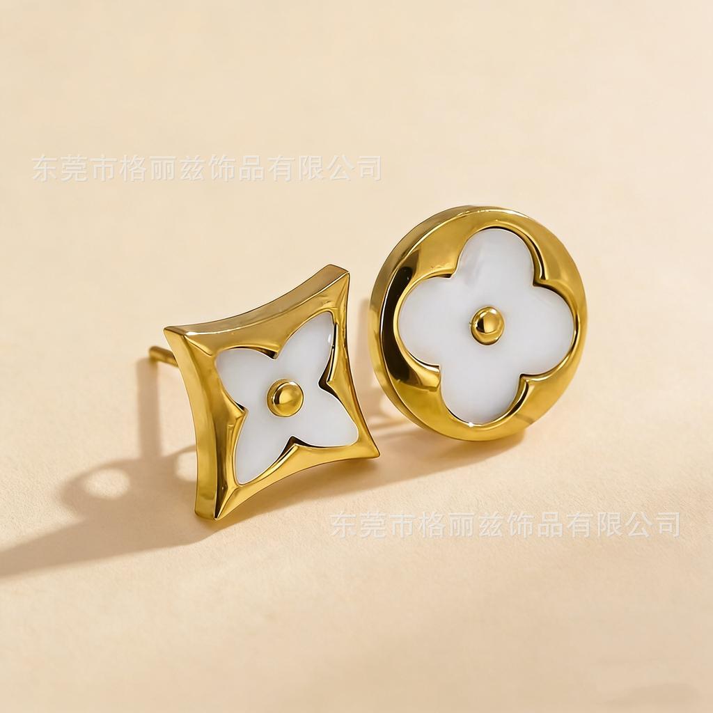 18K Gold Titanium Steel Non-Fading Four-Leaf Clover Earrings, Minimalist Women's Stud Earrings