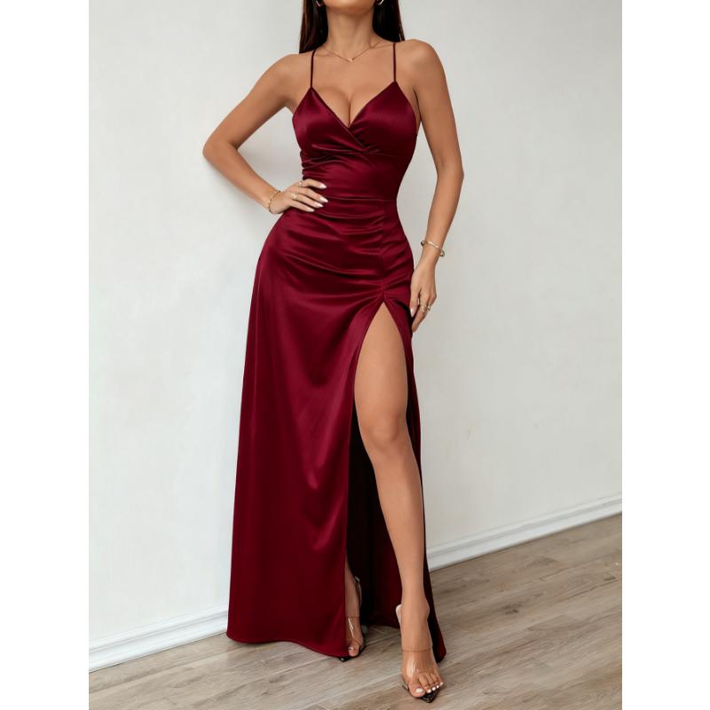 Abito Maxi da Donna in Raso con Spalline Sottili Scollo a V Profondo Spacco Alto sulla Coscia Elegante Abito da Sera Festa Cocktail Ballo di Fine Anno Ospite di Matrimonio Abito Formale