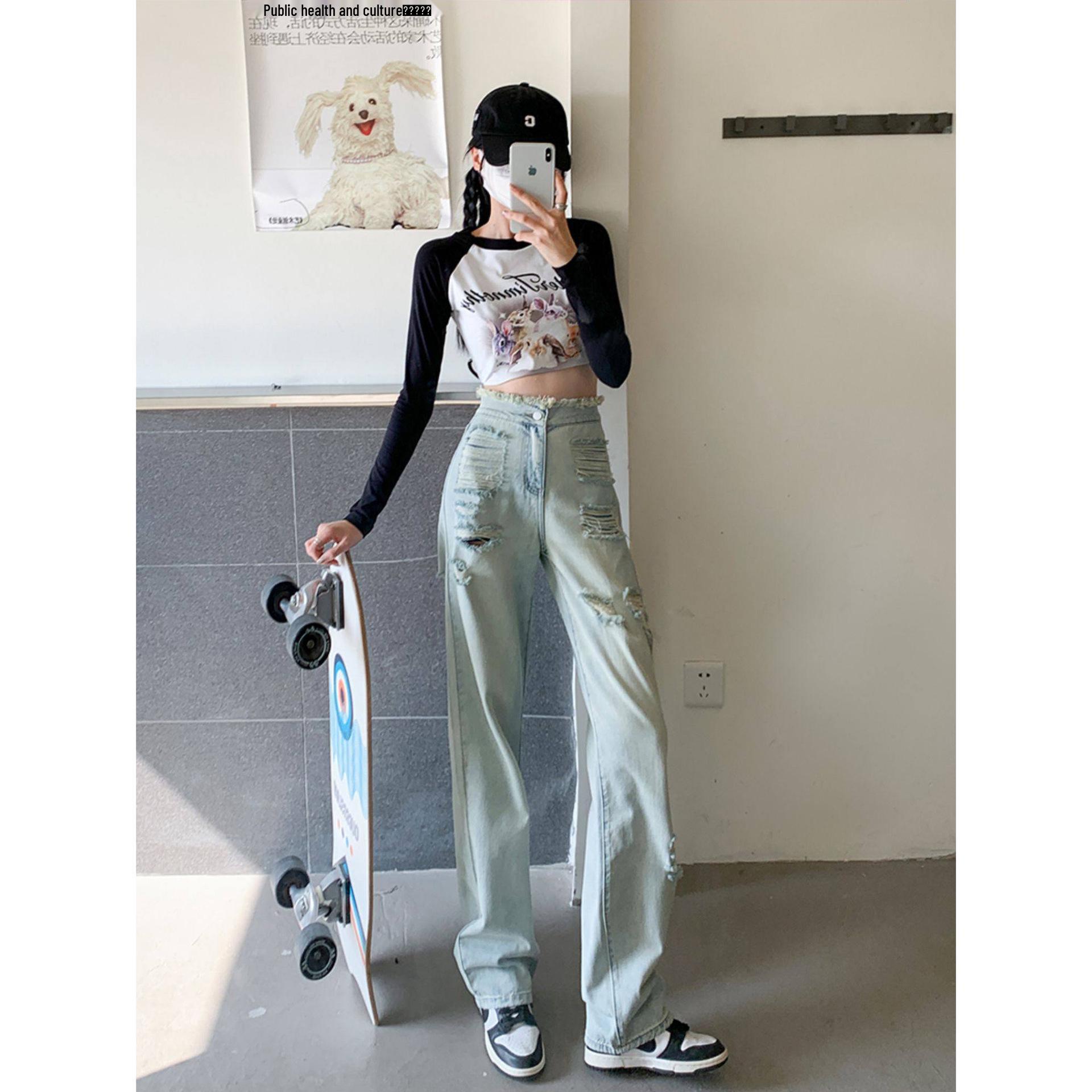 2026 Trendy Women s Slim High-Waisted Light Straight Ripped Jeans L