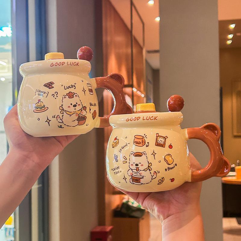 Birthday Gift Cute Cream Puppy Water Cup Girls Ceramic Mug with Lid Girlfriend Children Practical Souvenir