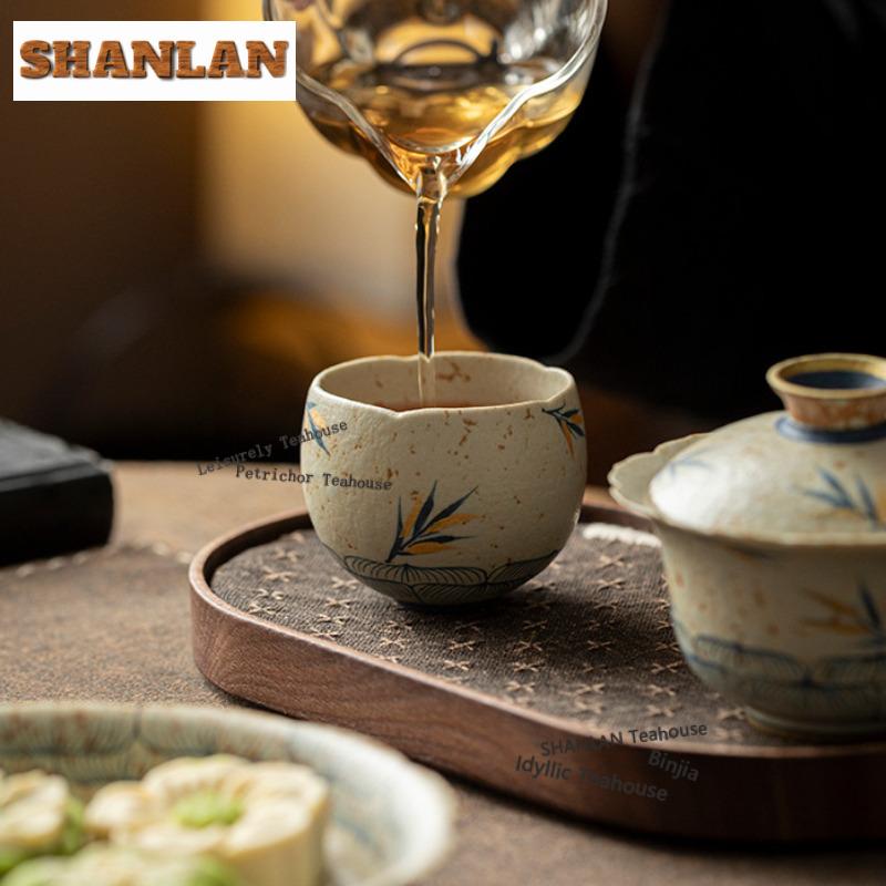 70ml Hand-painted Lotus Bamboo Teacup Retro Tea Bowl Set Of Cups Tea-tasting Smelling Cup Jianzhan Master Cups Teaware Ornaments