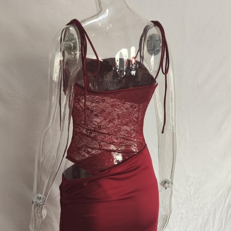 Europejska i Amerykańska Wiosenna Damska Seksowna Koronkowa Sukienka na Ramiączkach z Przeszyciami i Pustymi Miejscami