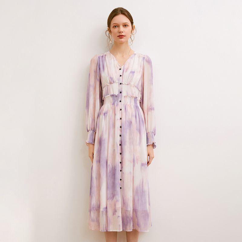 

Early Spring French Style Purple Blooming Long-Sleeved Printed Dress Purple vignetting S((oz S))