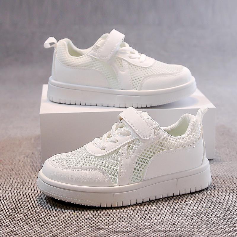 Children's Little White Shoes 2025 Spring and Summer New Girls' White Sports Shoes Students Breathable Net Shoes Boys' Casual Board Shoes