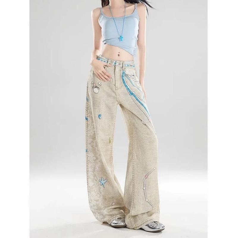 Women Summer Washed Denim Starry Embroidered High Waist Wide Leg S
