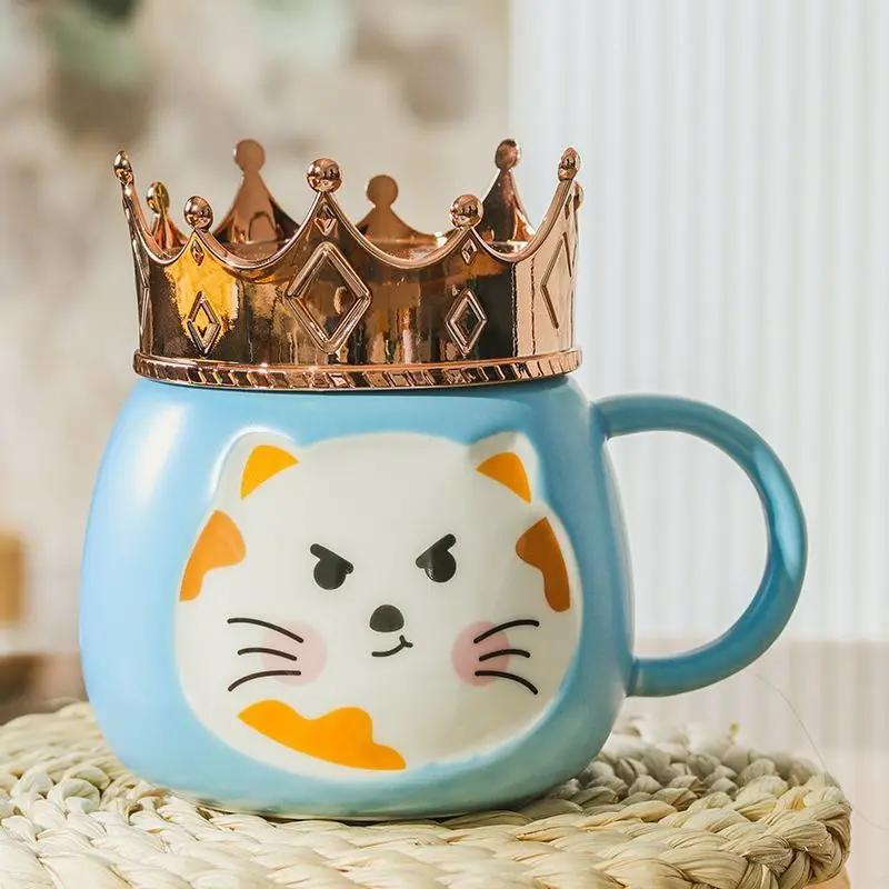 Hrnček s držákem na mobilní telefon ve tvaru korunky, Kreslený keramický hrnek s kočkou, Vysoce hodnotné dívčí sklenice na vodu, Dárkové nápojové nádobí