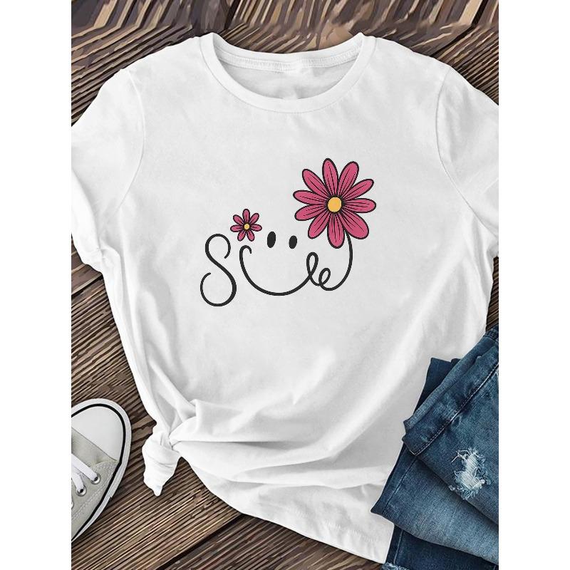Women's Soft Breathable Short-Sleeve with Smiling Flower Print - Relaxed Fit Round Neck Blouse, Medium-Stretch Machine-Washable Summer Top in Casual