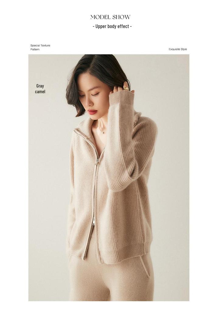 Women's Long Sleeve Cashmere Knit Zipper Cardigan - Cozy Lapel Sweater Outerwear