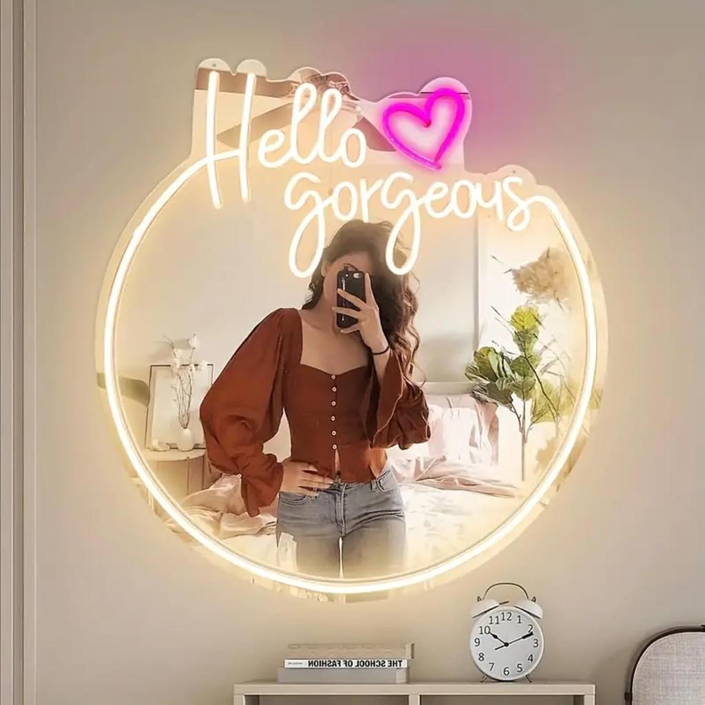 Hello Gorgeous Neon Sign for Wall Decor USB Powered LED Neon Light Mirror Sign with Adjustable Brightness Light Up Sign for Bedroom Girls Rooms