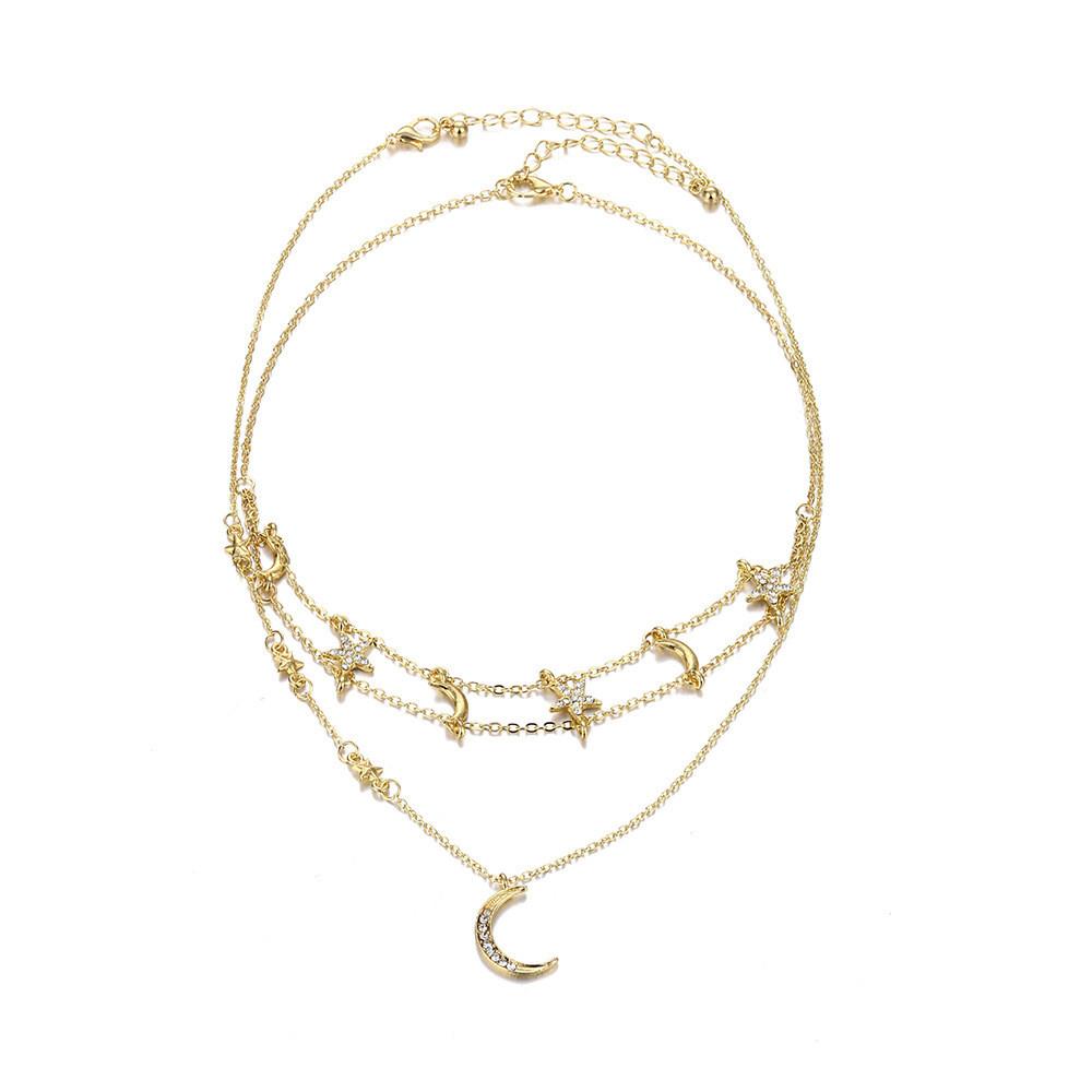 Elegant Geometric Design Alloy Layered Necklace Featuring Shimmering Stars And Moons For Women
