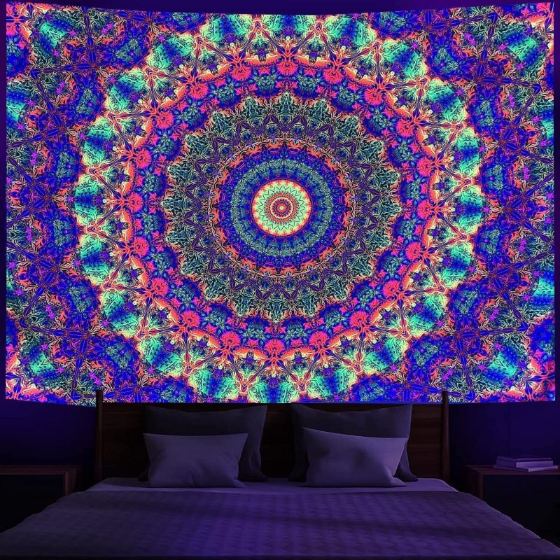 VIKAMA Fluorescent Mandala Tapestry with Neon Bohemian Patterns for Bedroom Living Room Decor Aesthetic Wall Art