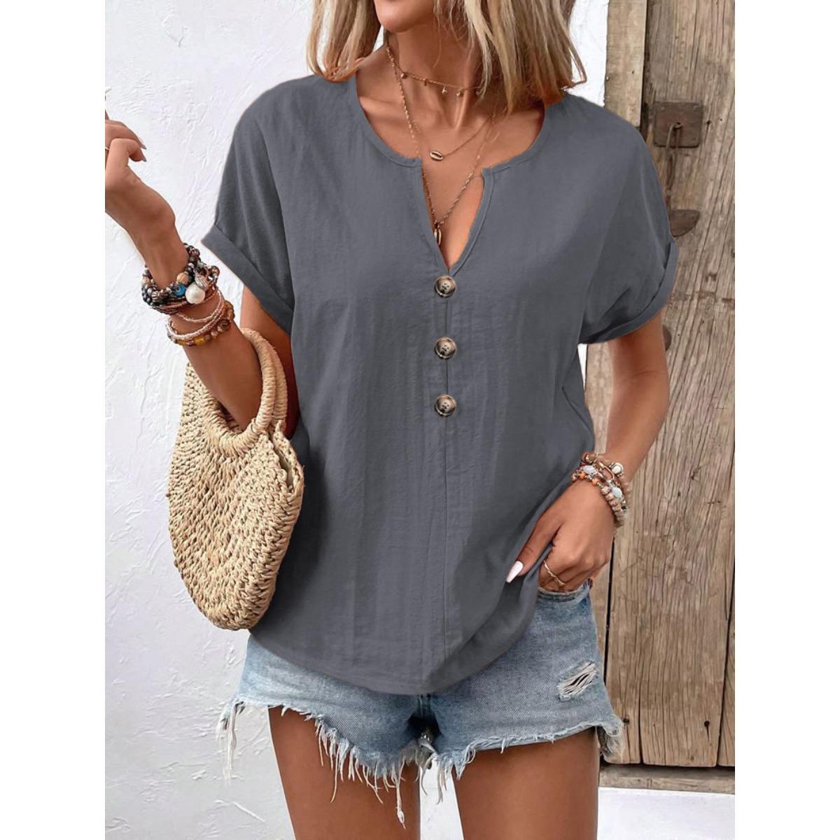 

2026 Summer New Women s V-neck Short Sleeve Button T-shirt Top, European American Style Casual Women s Tee for Fashion Outfits S серый
