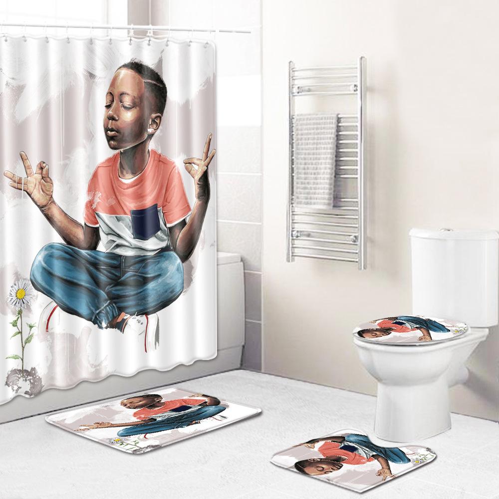 African American Women'S Bathroom Four-Piece Combination Set Household Door Mat Absorbent Non-Slip Floor Mat Carpet