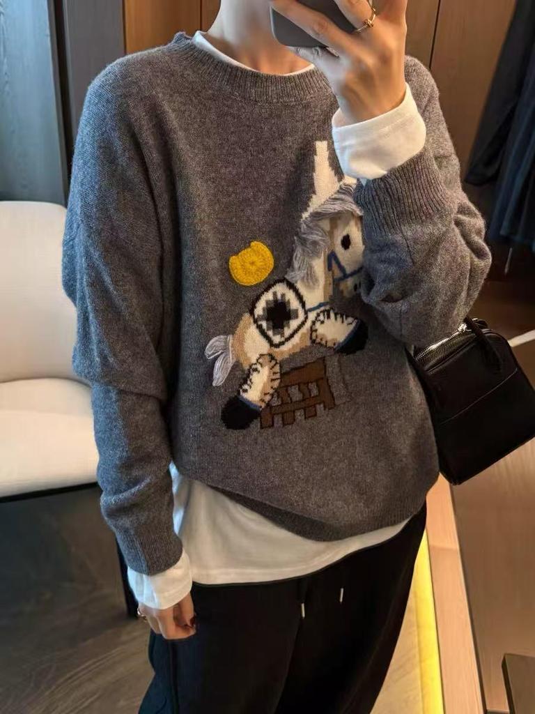 Women's Red Embroidered Horse Sweater - Round Neck, Soft Winter Knit, New 2026 Style