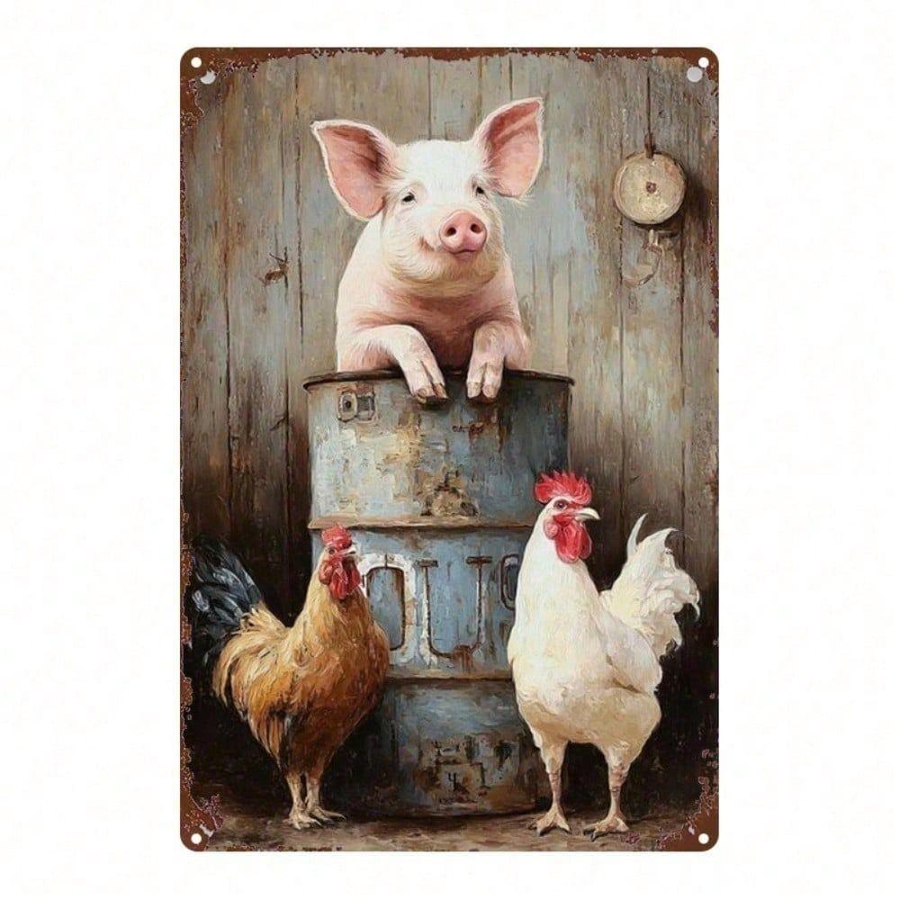 Farmhouse Rooster Pig Metal Wall Art Kitchen Decor Sign