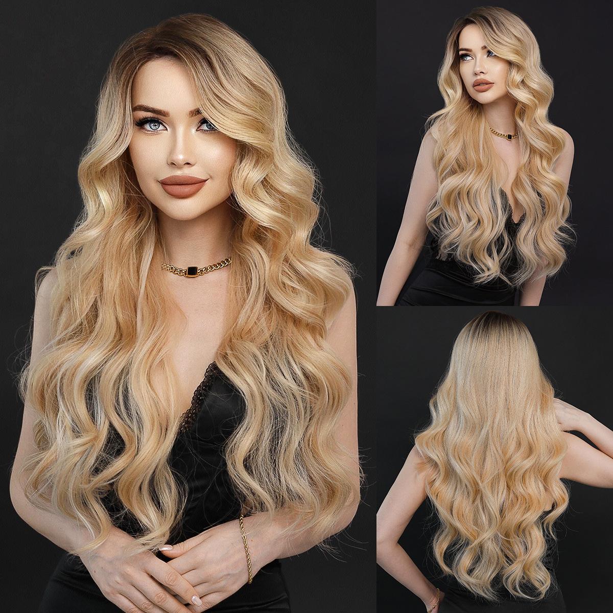 

New Synthetic Lace Wave Wig Full Head Set Orange Gold Side Split T-Part Lace Wigs