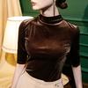 Autumn Half High Neck Velvet Bottoming Shirt Women's Five Quarter Sleeve Slim Fit with Gold Velvet Half Sleeve Stand Collar Top