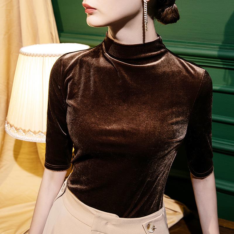 Autumn Half High Neck Velvet Bottoming Shirt Women's Five Quarter Sleeve Slim Fit with Gold Velvet Half Sleeve Stand Collar Top