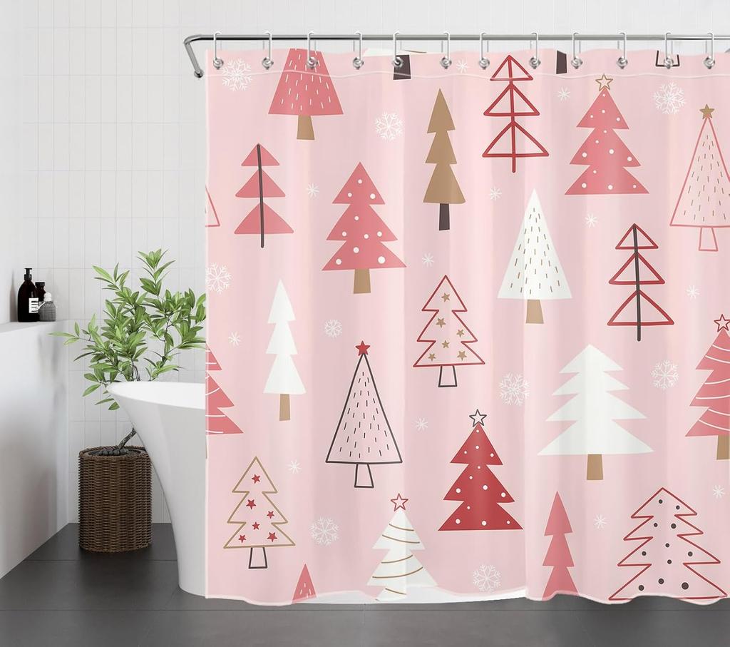 Christmas Shower Curtain for Bathroom,Xmas Pine Tree Forest and White Snowflake on Pink Shower Curtain with Hooks WinterBathroom
