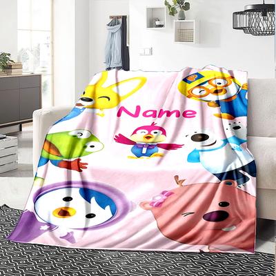 Custom Name Pororo Friends Flannel Blanket for Super Soft Cute Comfort Blanket for Travel Bedding Couch Sofa Blanket