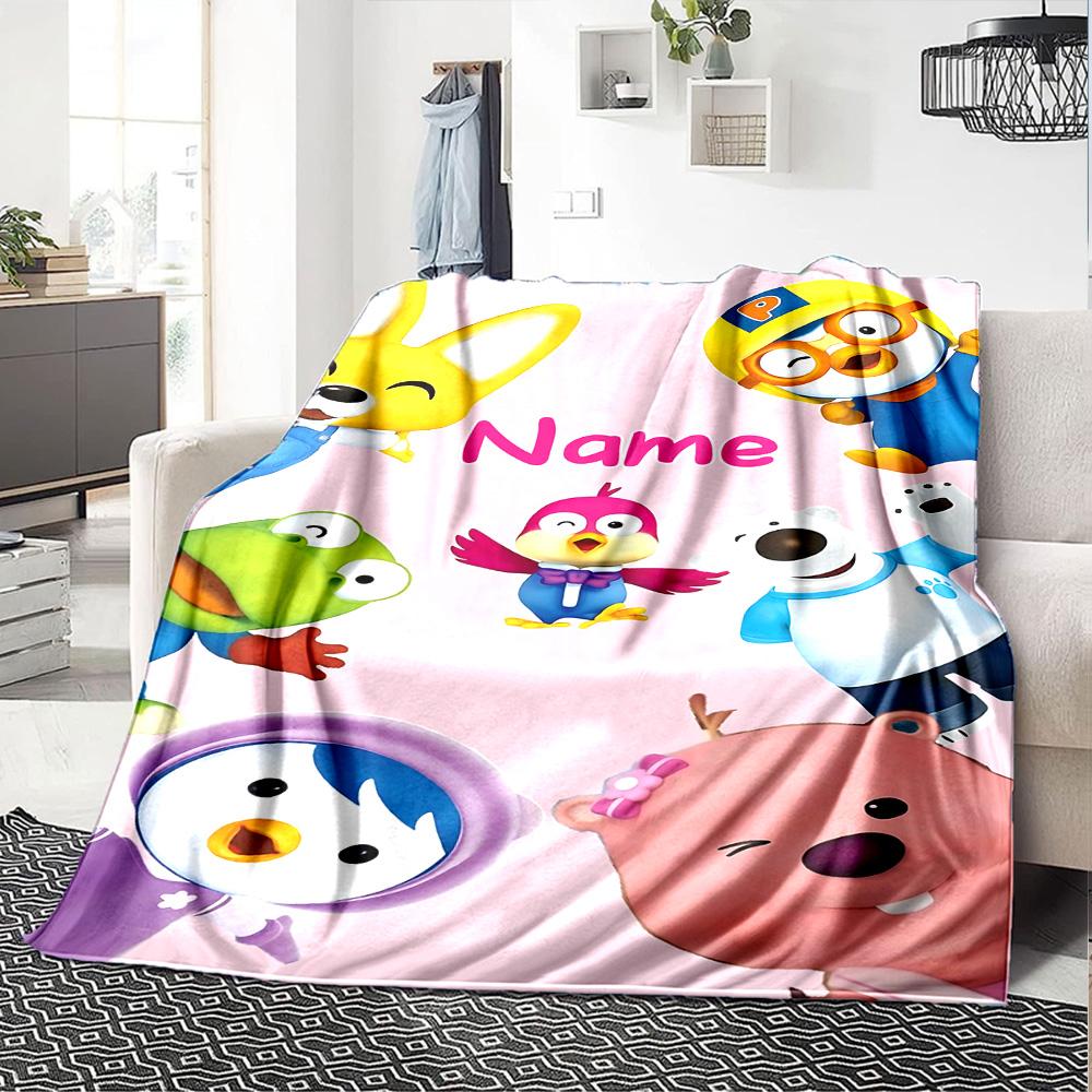 Custom Name Pororo Friends Flannel Blanket for Super Soft Cute Comfort Blanket for Travel Bedding Couch Sofa Blanket