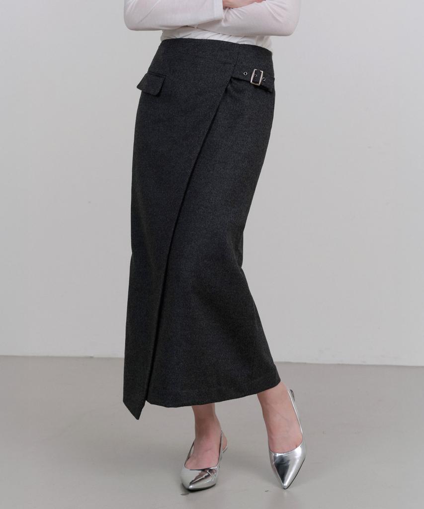 Illoje Asymmetrical Belt Wool Skirt (Charcoal)