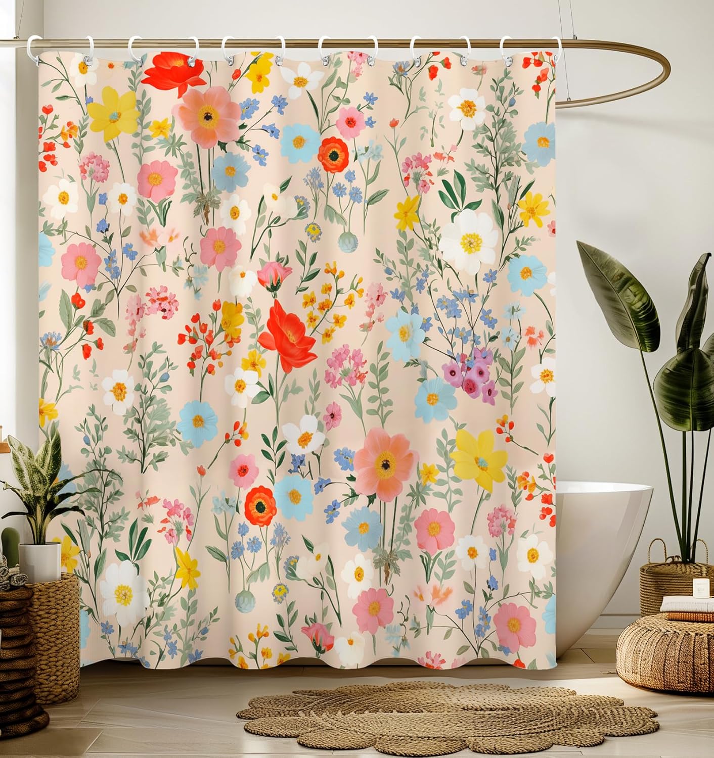 

Shower Curtain For Bathroom Stall Boho Modern Cute Aesthetic Decorative Girly Waterproof Unique Cats Flowers Girls Chic Print W60H190(CM)-1 Pcs