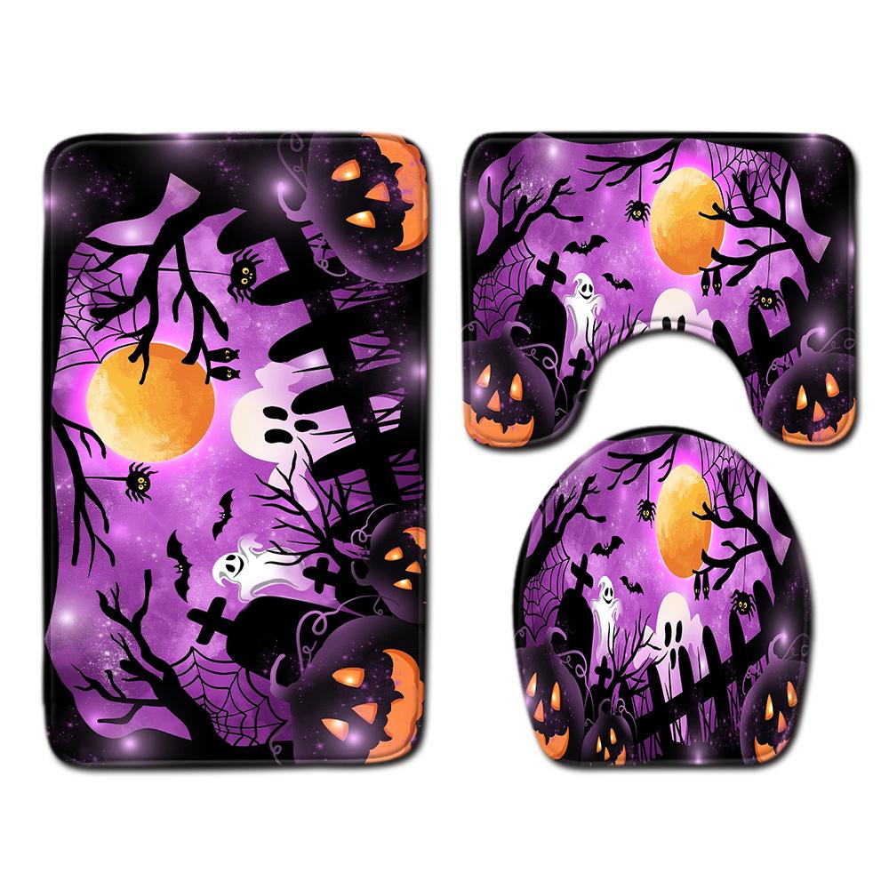 Halloween Shower Curtain Floor Mat Combination Four-Piece Set Bathroom Toilet Carpet Shower Room Foot Mat