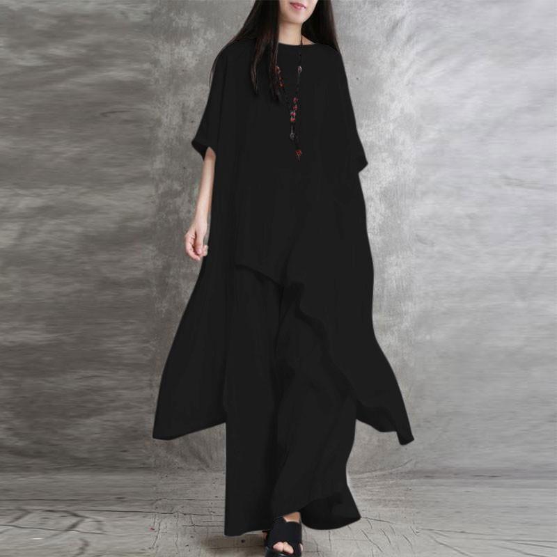 Damen-Retro-Mode-Outfits, unregelmäßige lange Bluse und Hose, Sommer-Zweiteiler-Set