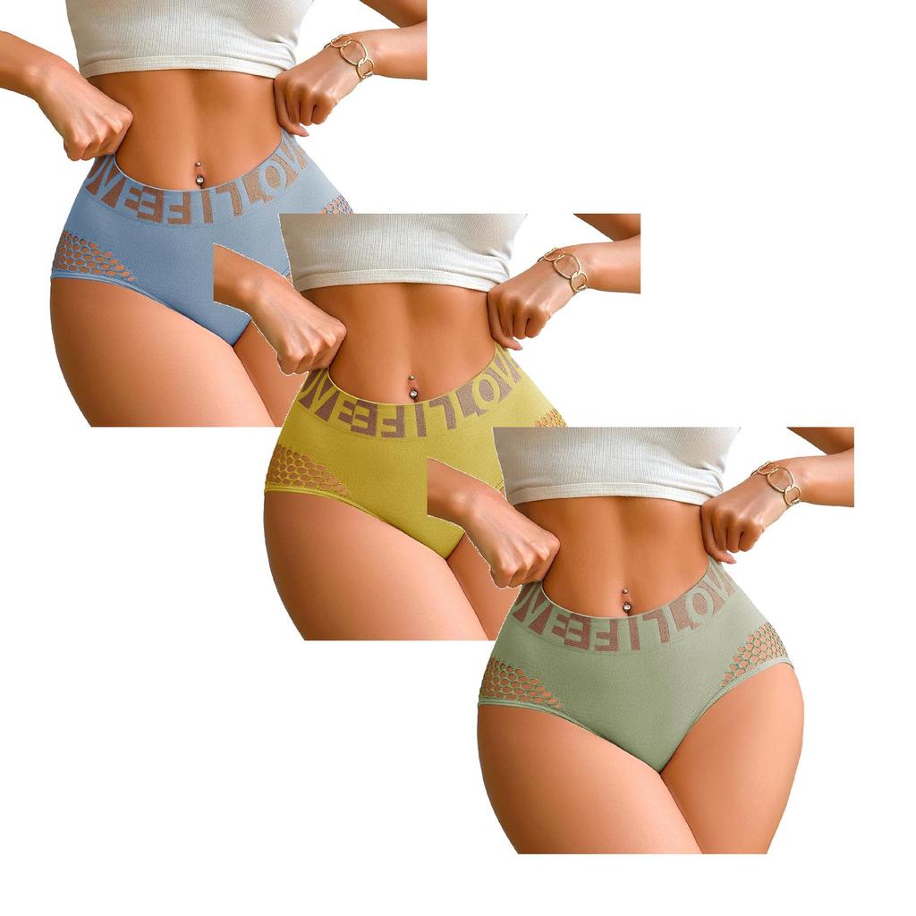 Women Seamless Mesh Hollow Out High Waist Letter Wide Band Panties 3 Pack Breathable Soft Fabric Comfortable Fit Underwear