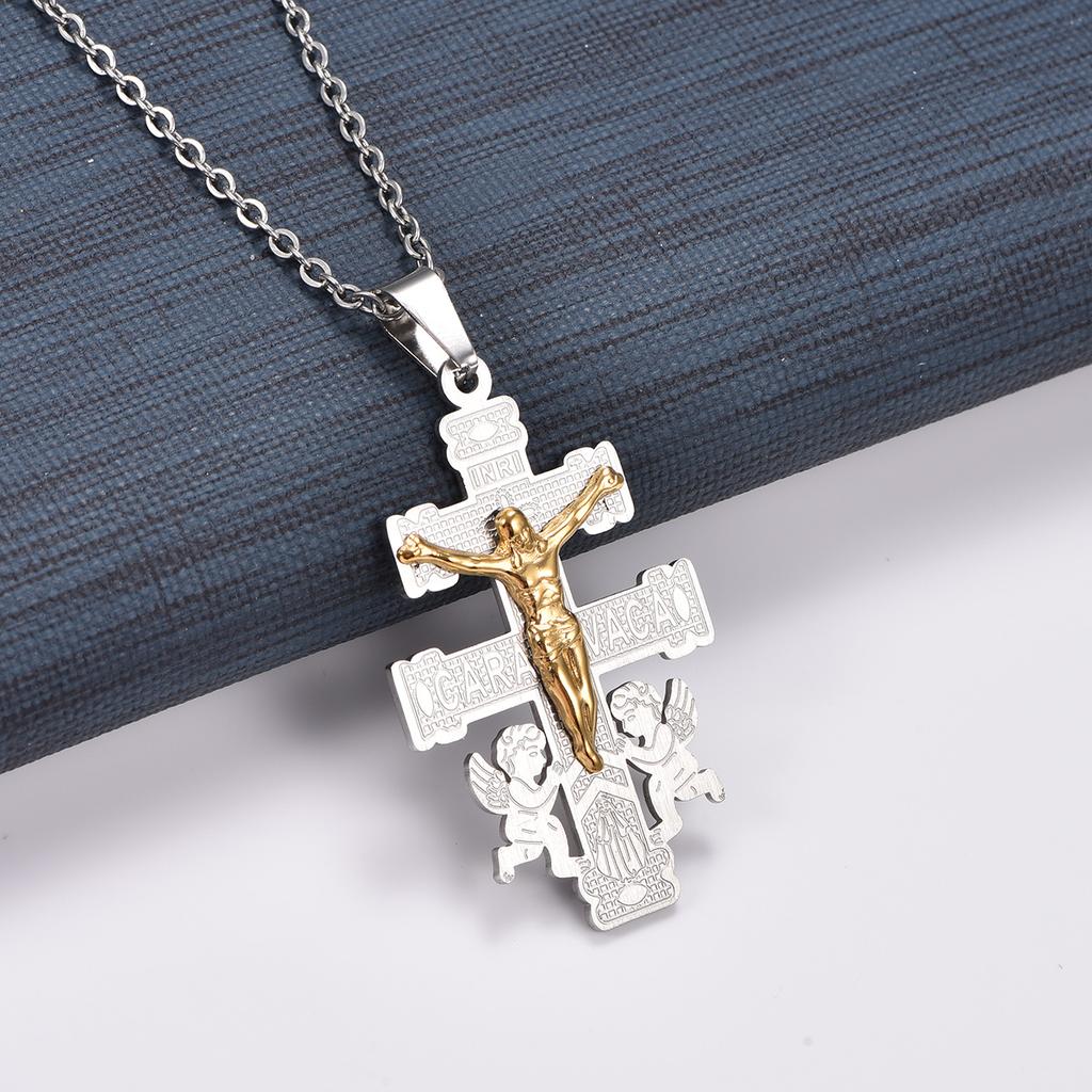 Retro Stainless Steel Little Angel Jesus Crucifix Cross Pendant Necklace Chain for Women Men Prayer Faith Charms Metal Jewelry