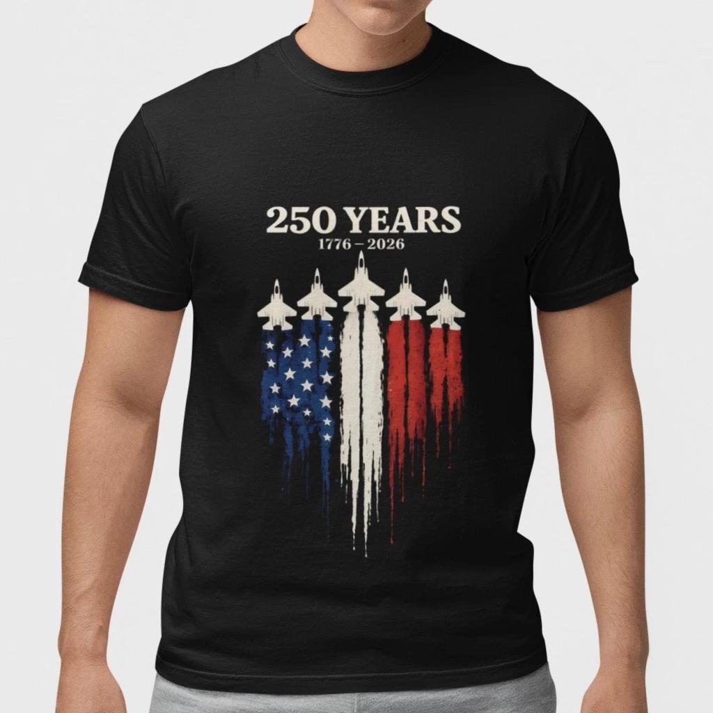 USA 250 Years 1776-2026 Patriotic Fighter Jet American Flag T-Shirt