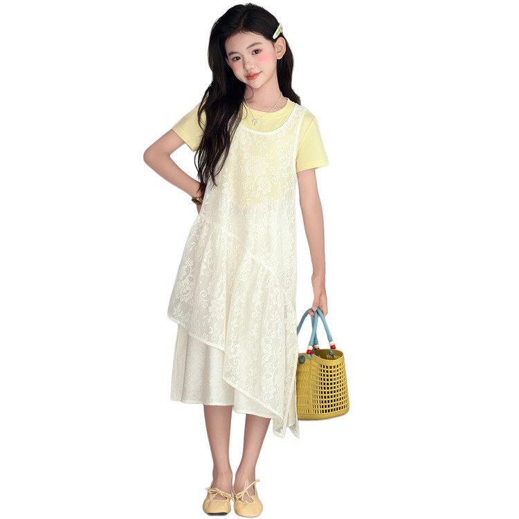 Koreanischer Stil Spitzen Sommer Zweiteiler Kleid mit unregelmäßigem Patchwork - Schichtendesign Midi