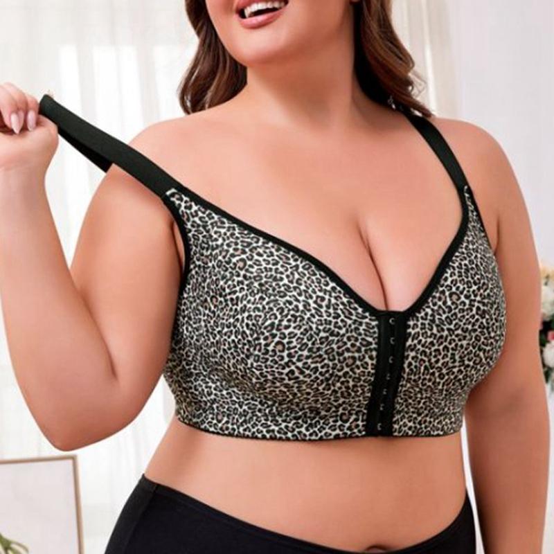 Soutien-gorge pour femme grande taille à boucle avant imprimé léopard avec bretelles réglables