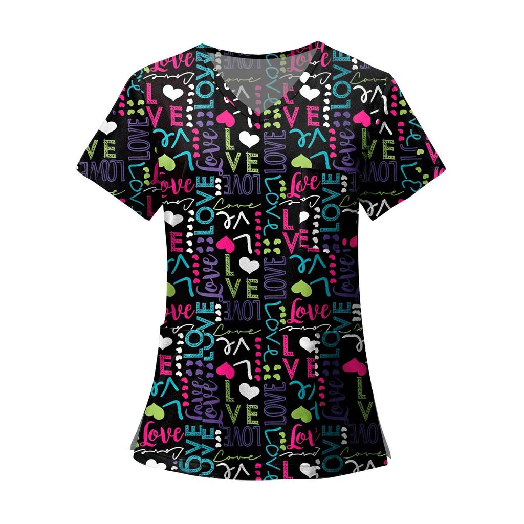 Women's Fashion Printed Short Sleeve V Neck Pattern Tops Pocket Working T-shirts