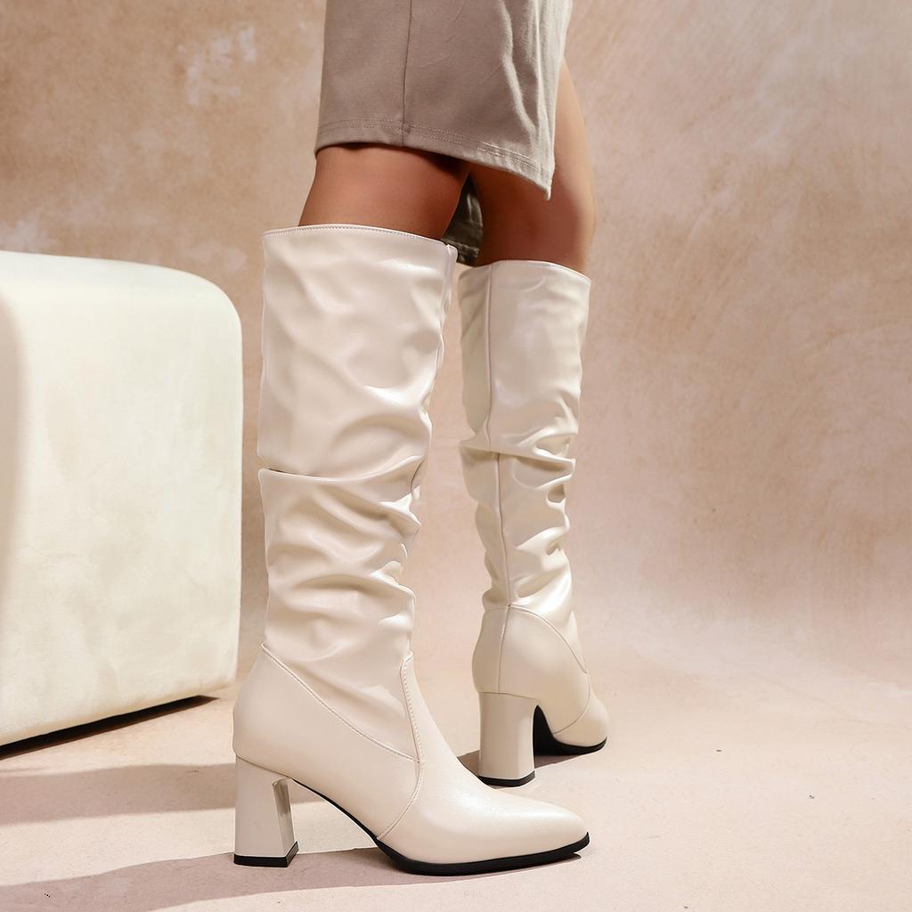 European and American pointed thick-heeled knee-length fashion boots, winter 2025 new one-pedal boots design leather shoes