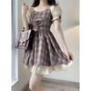 Women's Fresh Plaid Square Neck Waist-Hugging Summer Dress with Lace-Up Short Skirt and Sweet Academy Style