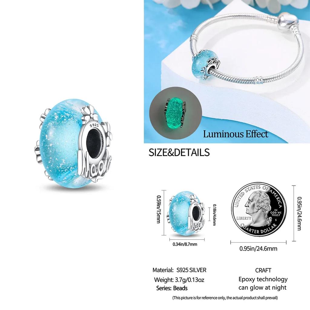 Colorful Copper Blue Glow-In-The-Dark Murano Princess Glass Beads Fits Original Bracelet Jewelry Set Accessories