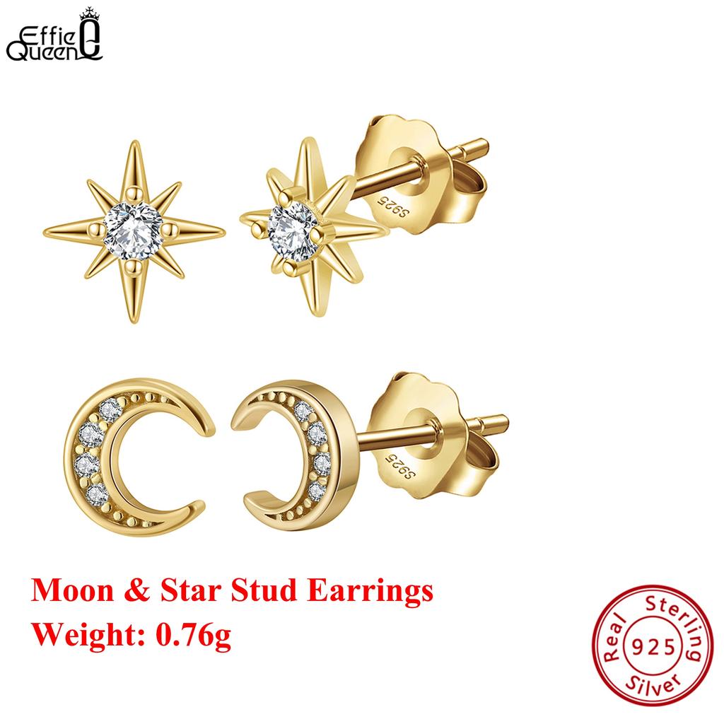 Effie Queen S925 Silver 14k Gold Moon & Star Zirconia Stud Earrings Fashion Jewelry for Women Banquet Party Ear Accessory APE29