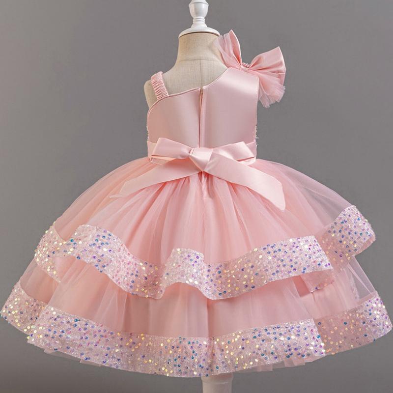 Girls Beaded Bow Tie Sequin Mesh Children's Sleeveless Evening Dress School Graduation Party Multi Layered Dress